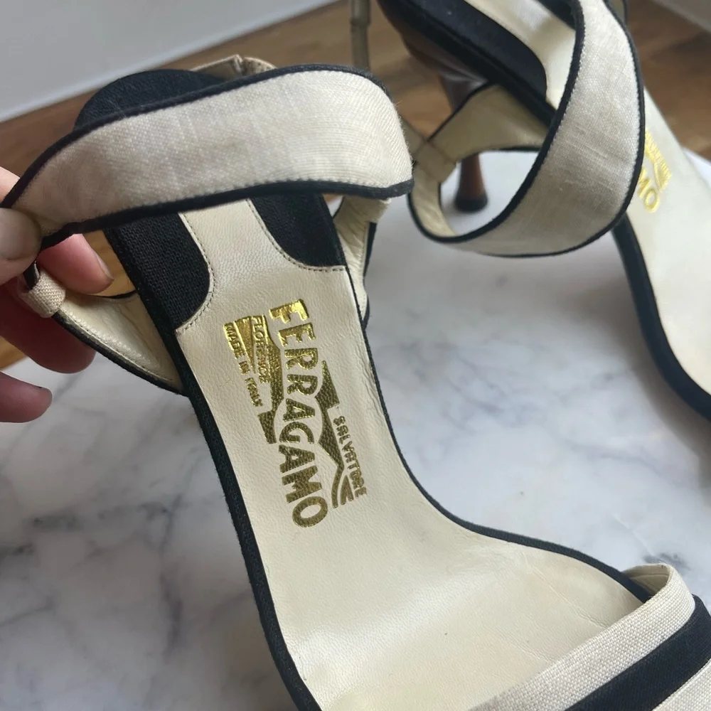 Salvatore Ferragamo Cream & Navy Strappy Heels - Picture 3 of 7